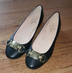 kate spade Black Leather Flats with Gold Chain Plaque